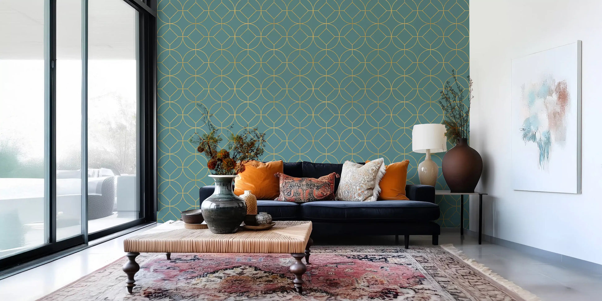 Repeating circular grid in gold lines on teal Art Deco wallpaper., GD10644