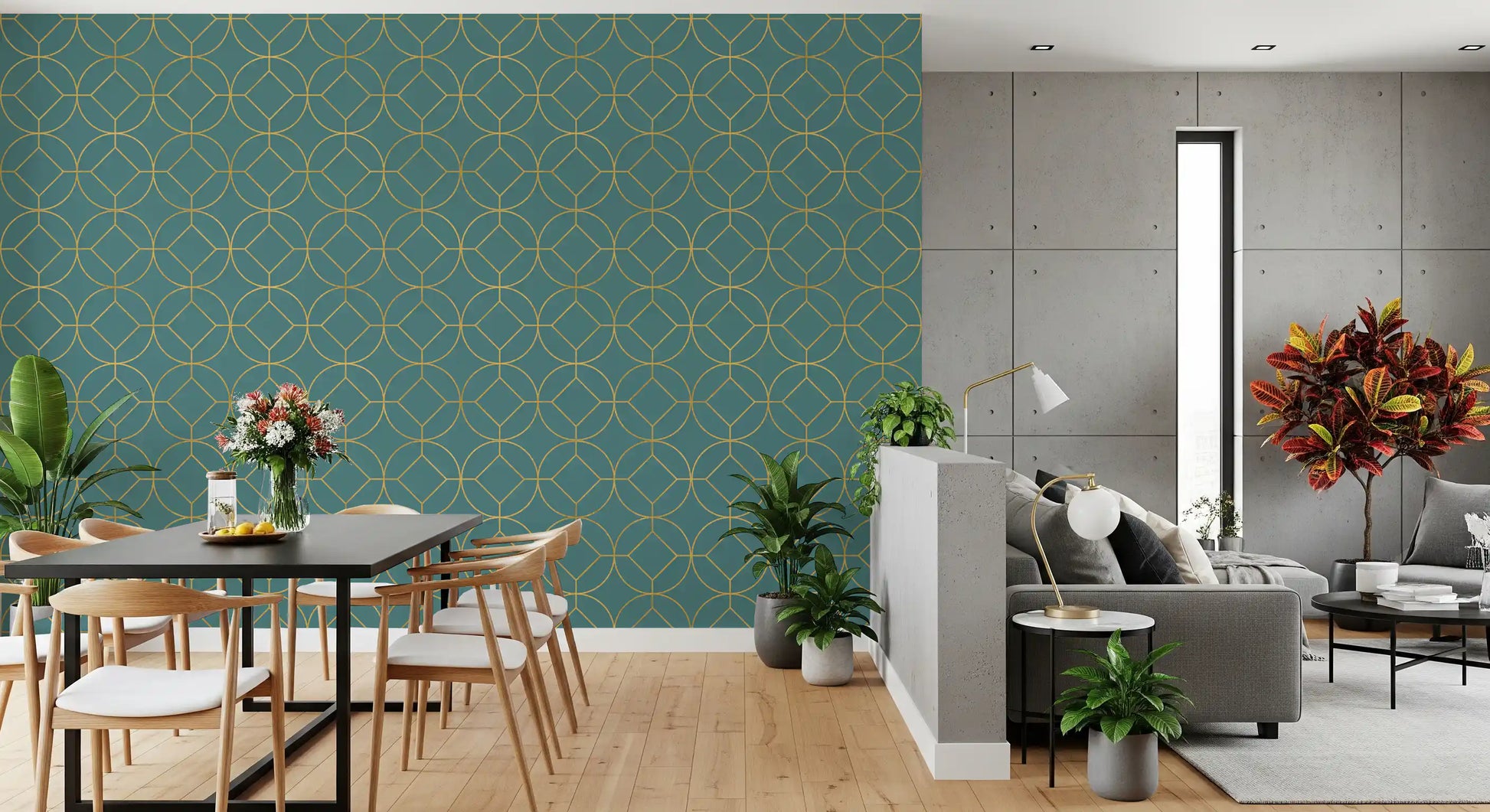 Art Deco geometric wallpaper with Gold circles enclosing diamond motifs., GD10644