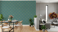 Art Deco geometric wallpaper with Gold circles enclosing diamond motifs., GD10644