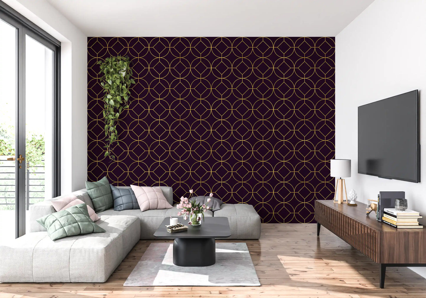 Hallway wall covered in plum and gold geometric circle pattern wallpaper., GD10645