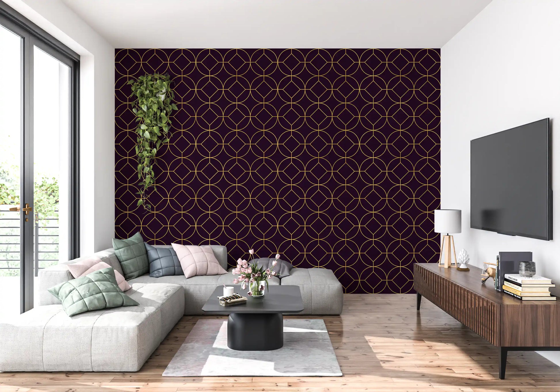 Hallway wall covered in plum and gold geometric circle pattern wallpaper., GD10645