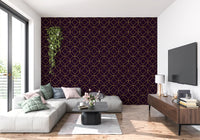 Hallway wall covered in plum and gold geometric circle pattern wallpaper., GD10645