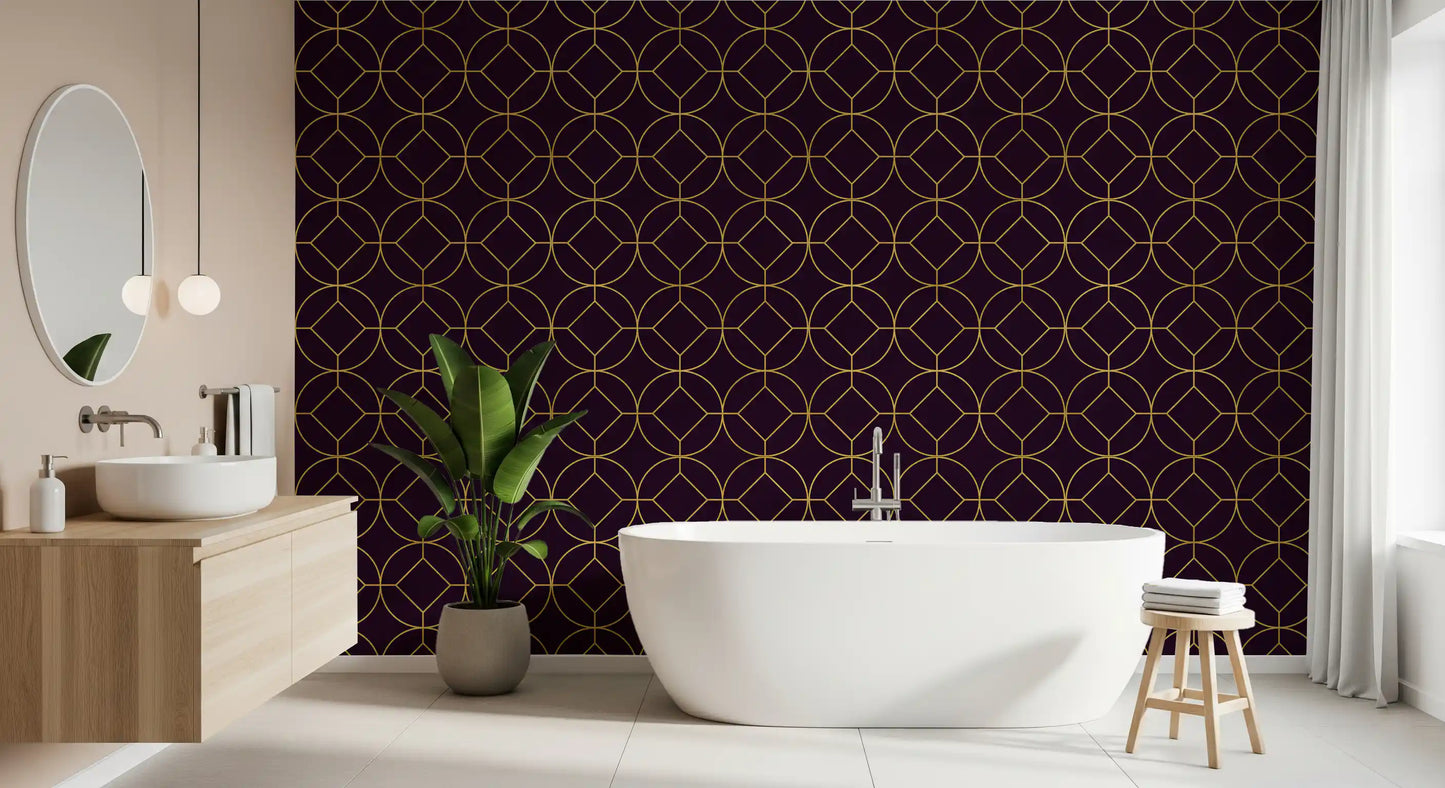 Metallic gold circles with central diamonds on plum wallpaper in bathroom., GD10645