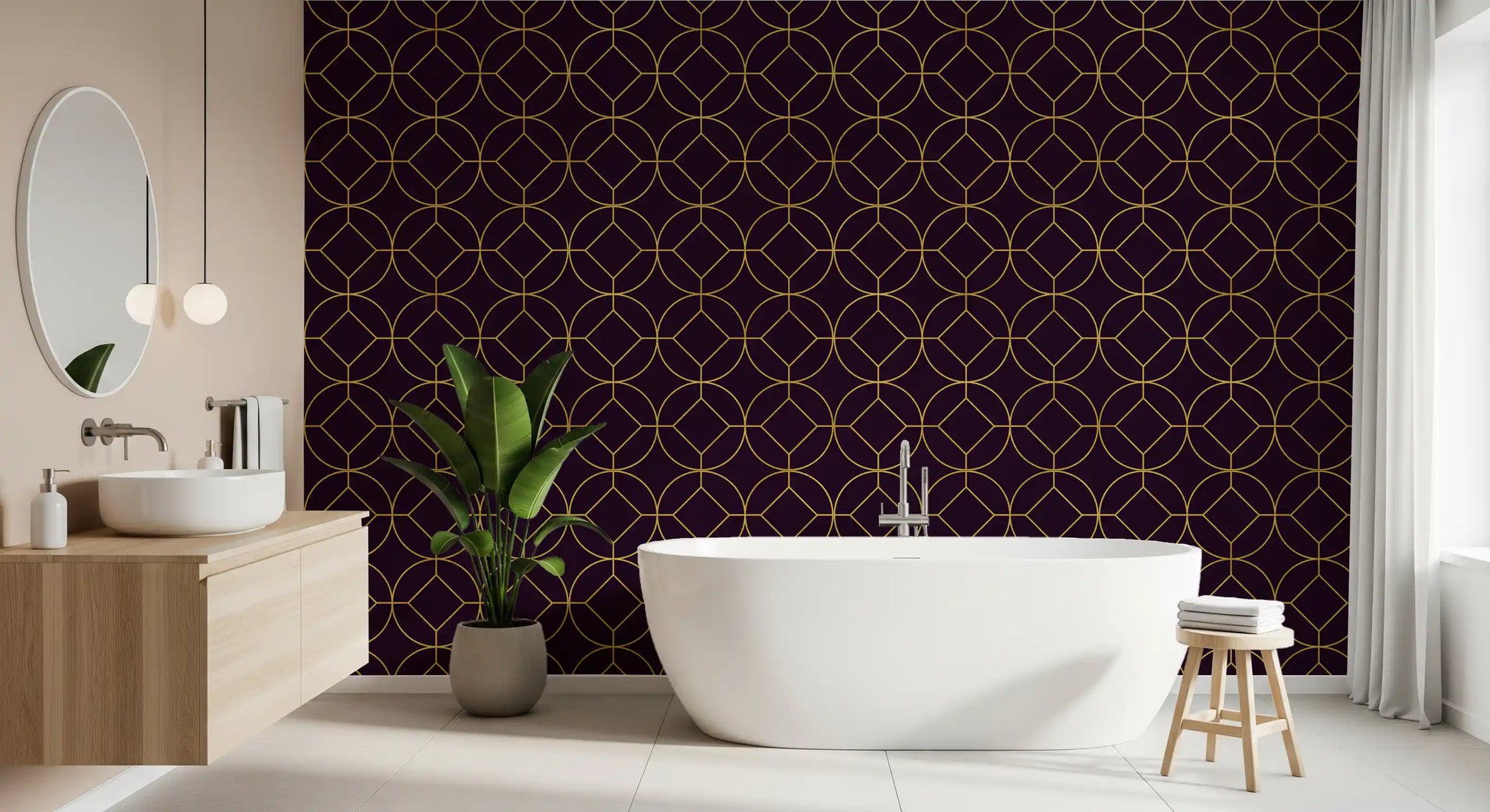 Metallic gold circles with central diamonds on plum wallpaper in bathroom., GD10645