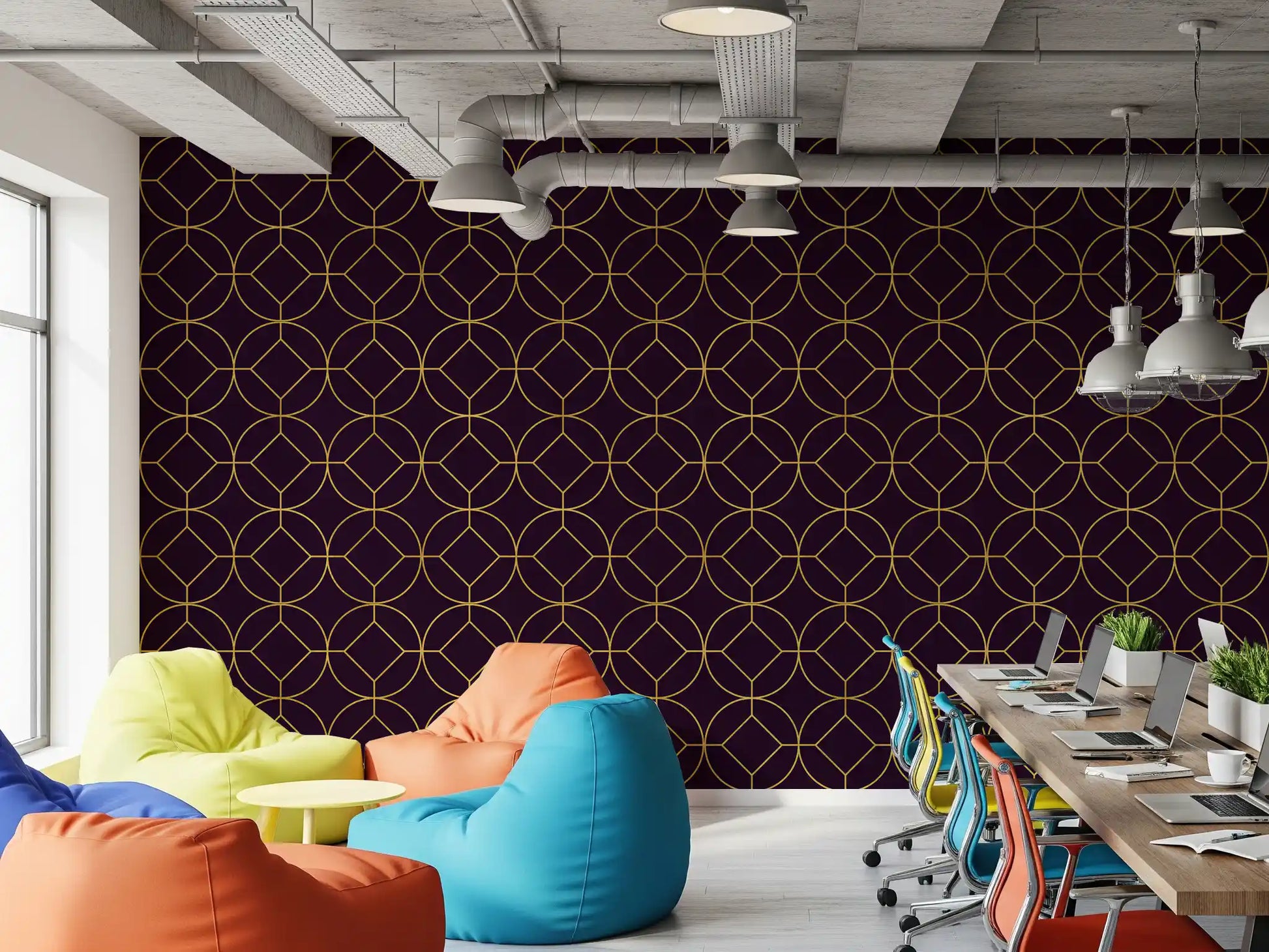 Geometric wallpaper with plum and gold art deco circles in office., GD10645