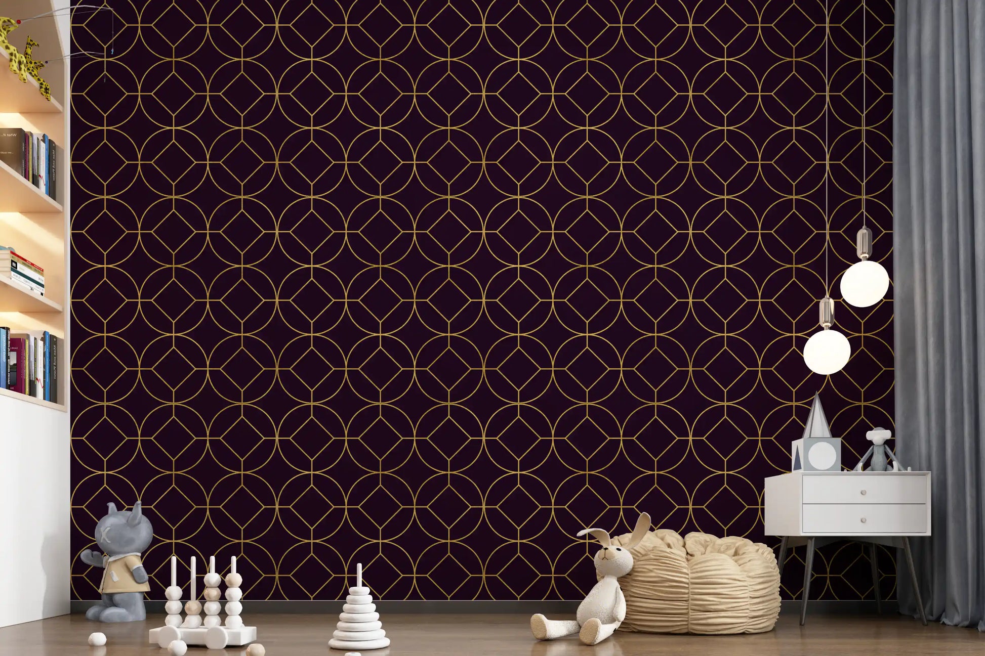 Vertical plum wallpaper panel with gold circular geometric motifs in nursery., GD10645