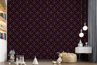 Vertical plum wallpaper panel with gold circular geometric motifs in nursery., GD10645