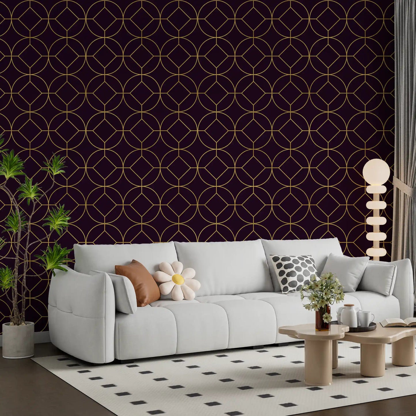 Gold circles enclosing diamond motifs on plum Art Deco geometric wallpaper., GD10645