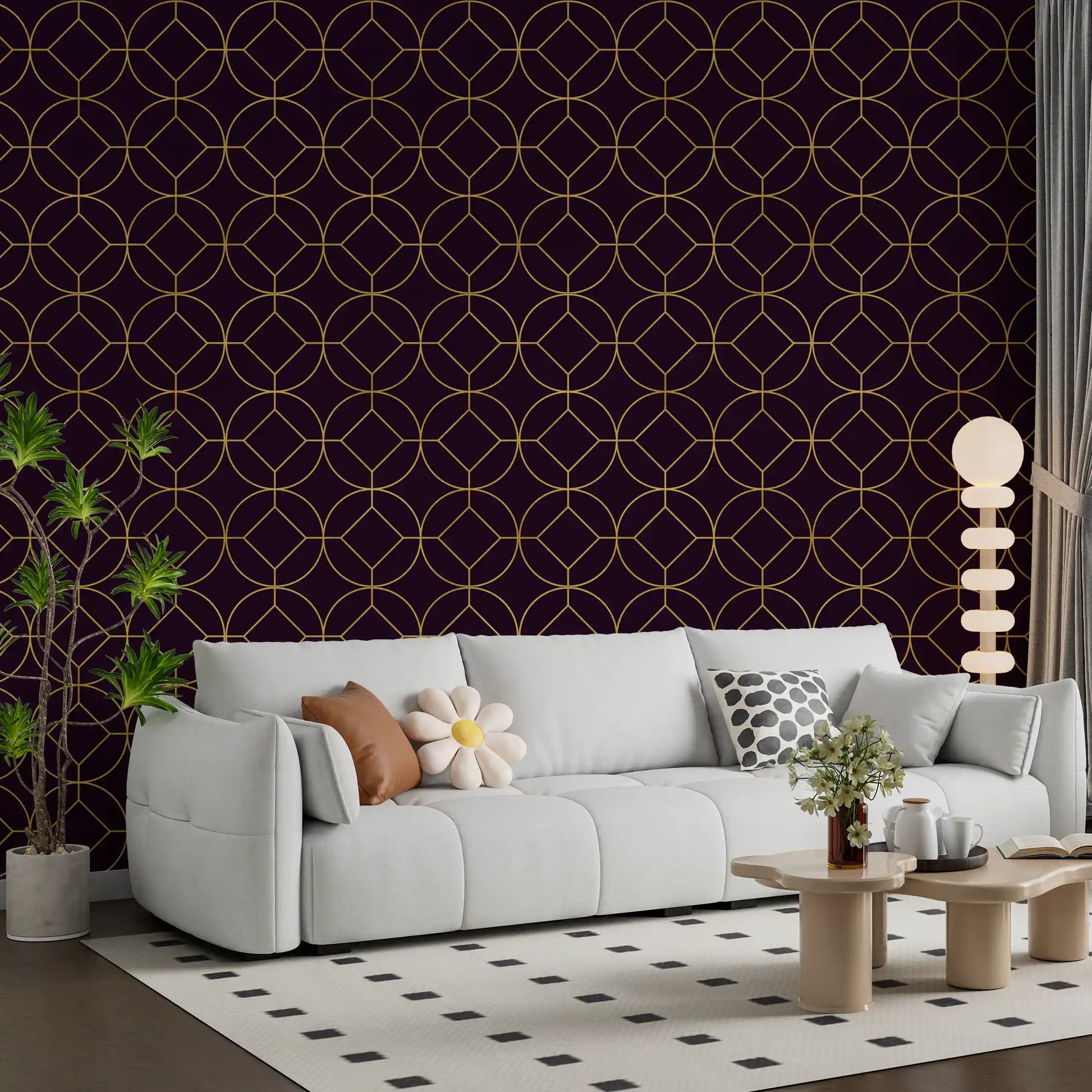 Gold circles enclosing diamond motifs on plum Art Deco geometric wallpaper., GD10645