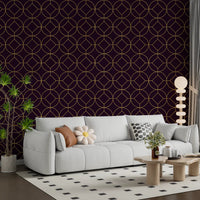 Gold circles enclosing diamond motifs on plum Art Deco geometric wallpaper., GD10645