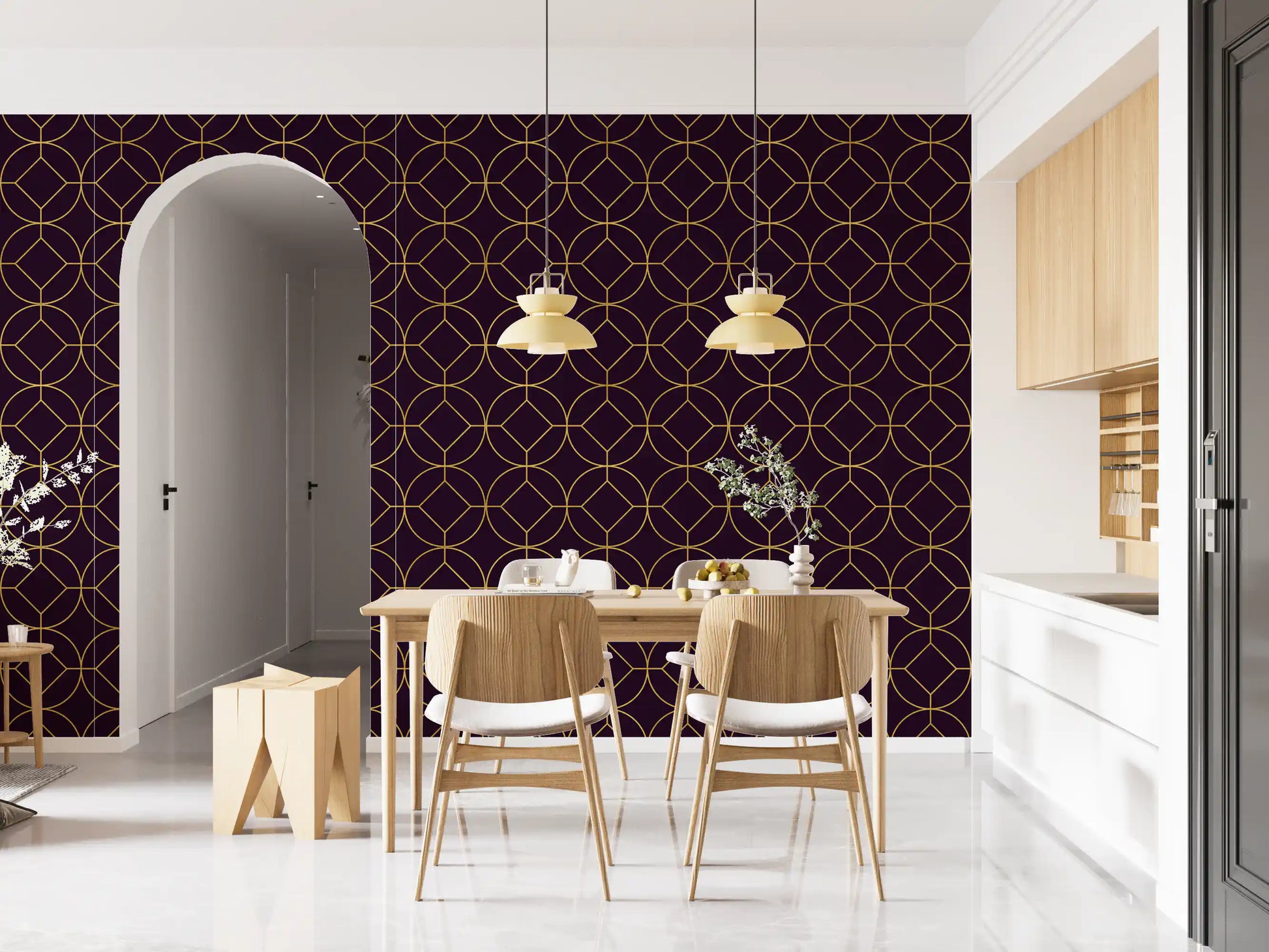 Gold linear medallions forming a balanced grid on plum wallpaper., GD10645