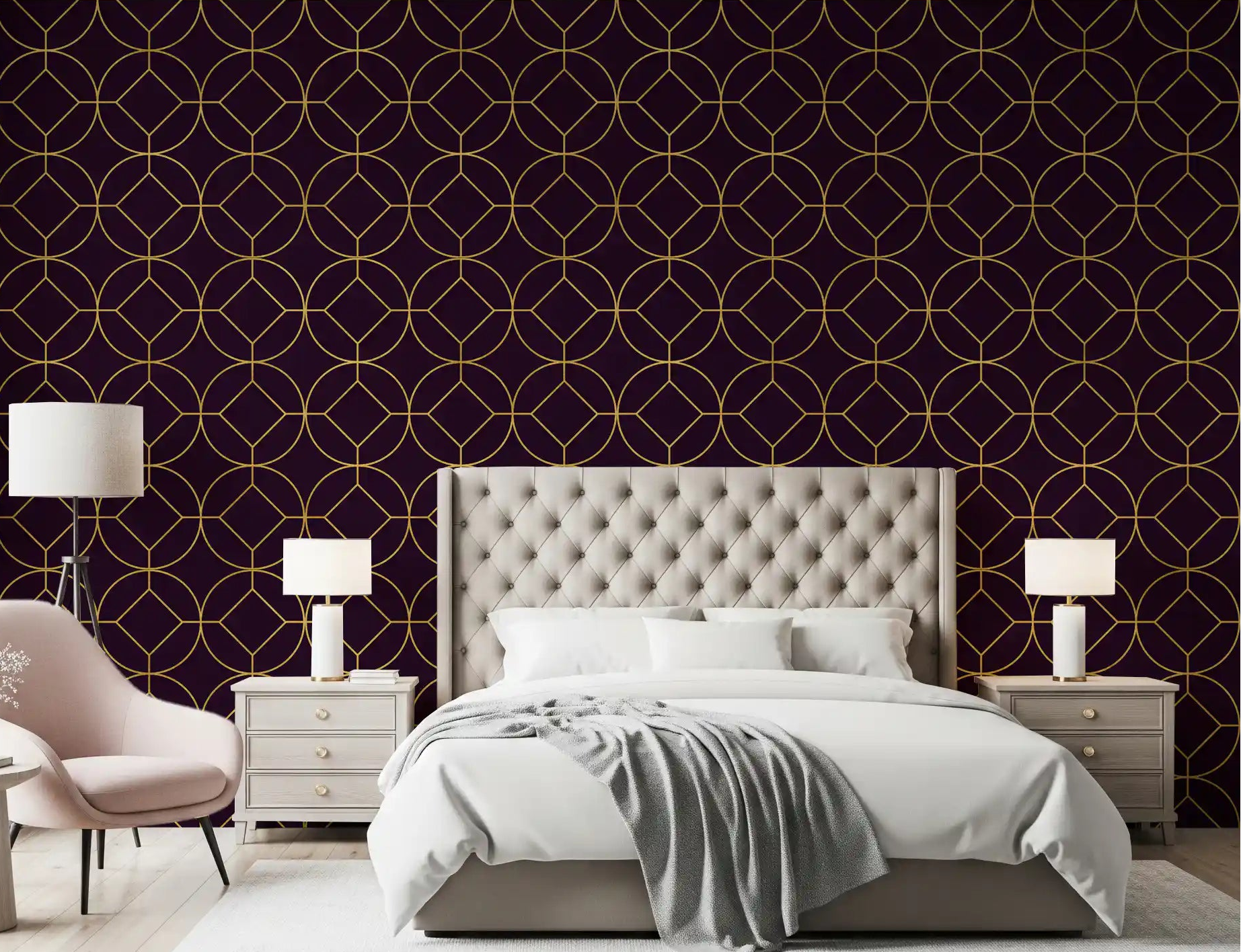 Bedroom wall showing plum wallpaper with gold circle medallions., GD10645