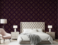 Bedroom wall showing plum wallpaper with gold circle medallions., GD10645