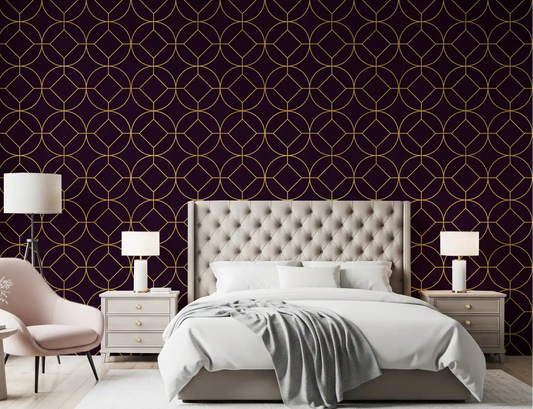 Bedroom wall showing plum wallpaper with gold circle medallions.