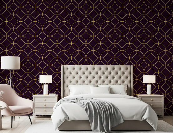 Bedroom wall showing plum wallpaper with gold circle medallions., GD10645