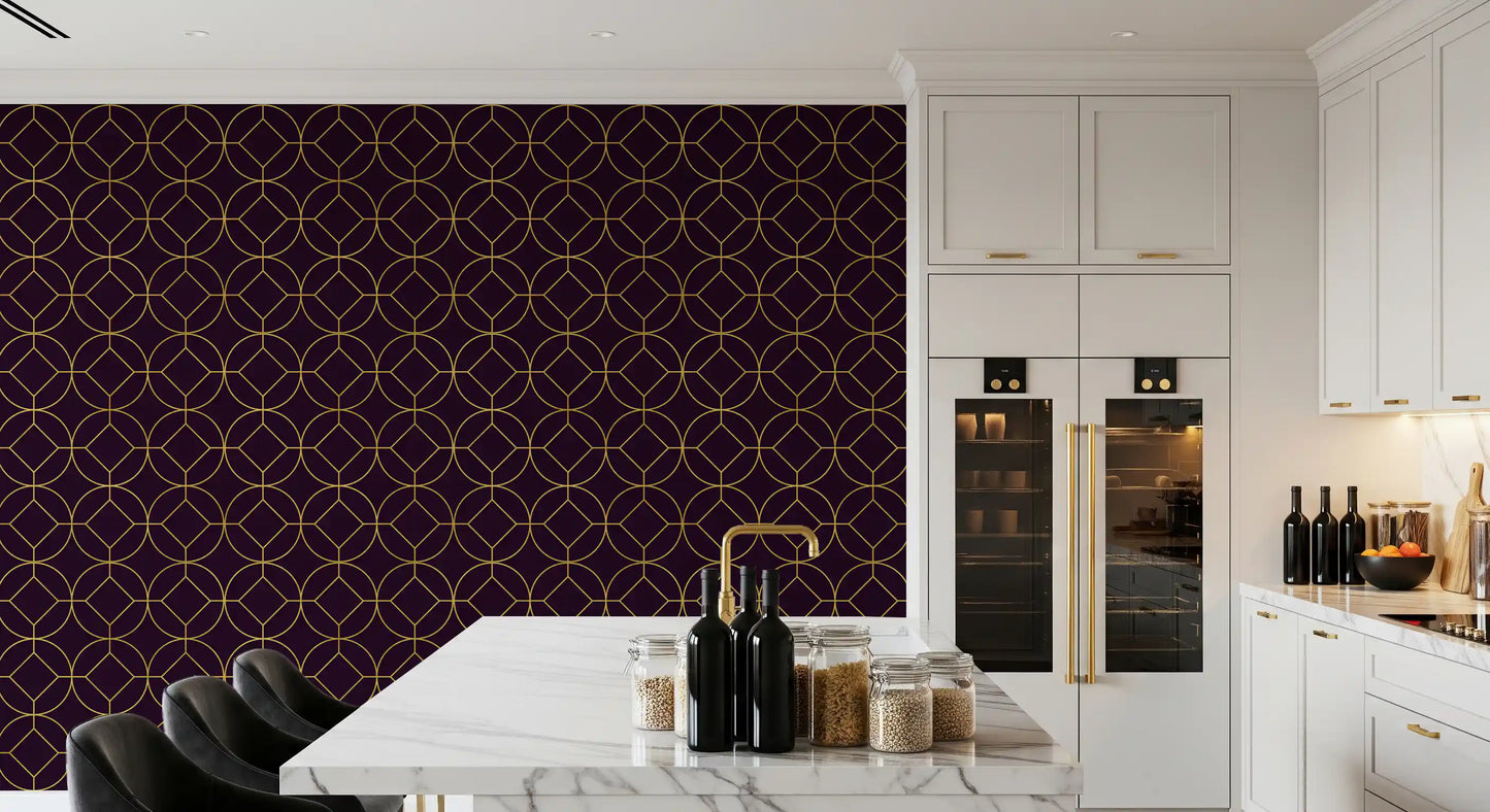 Dining room wall featuring plum and gold Art Deco circle geometric wallpaper., GD10645