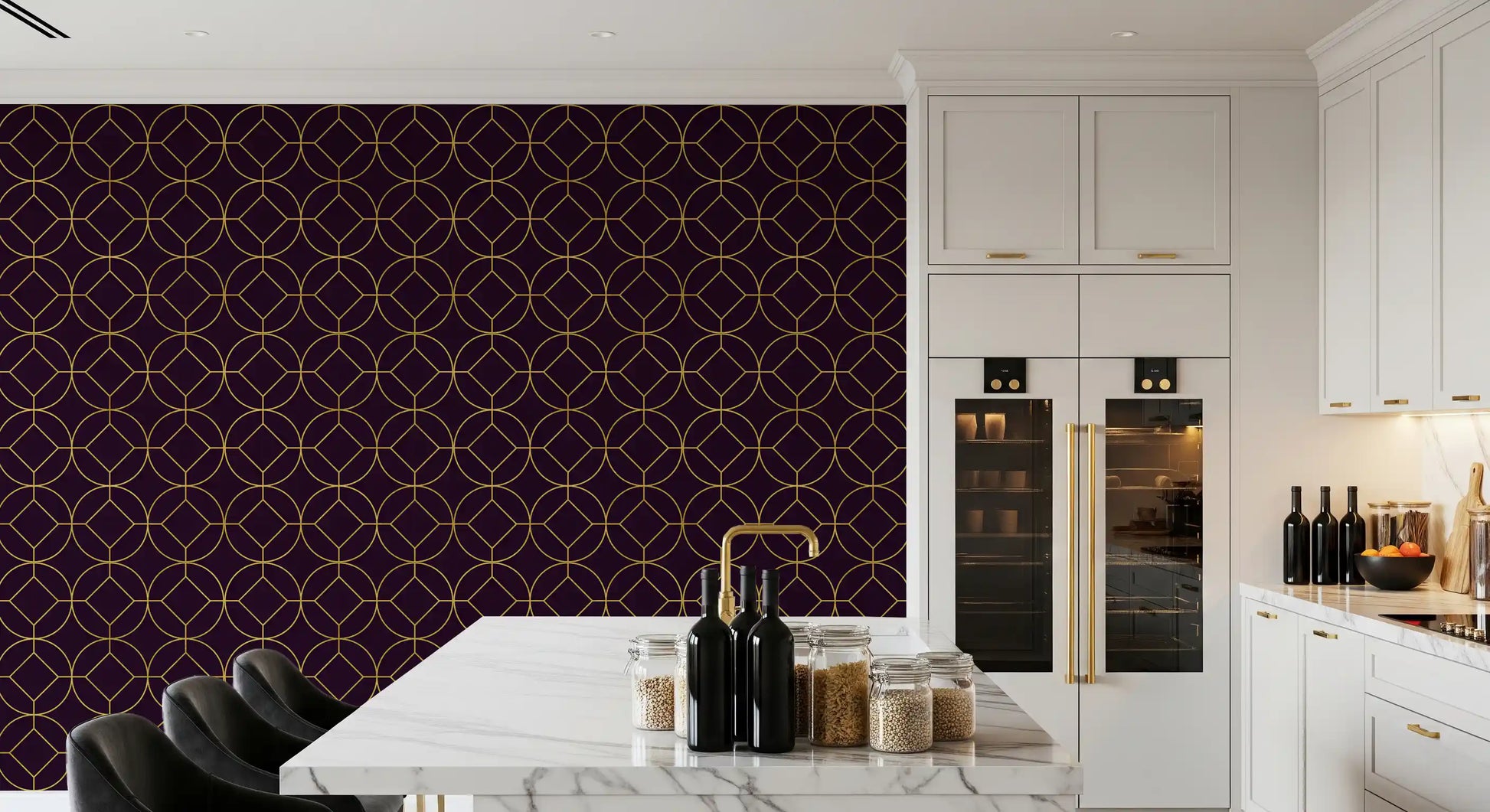 Dining room wall featuring plum and gold Art Deco circle geometric wallpaper., GD10645