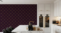 Dining room wall featuring plum and gold Art Deco circle geometric wallpaper., GD10645