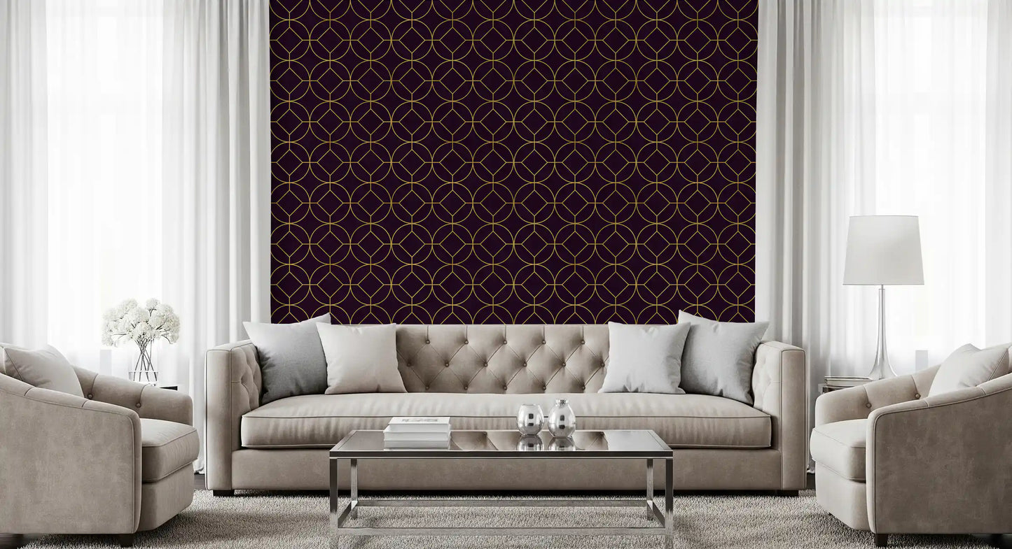 Plum wallpaper showing gold circles, diamonds and triangular shapes., GD10645