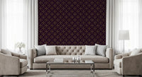 Plum wallpaper showing gold circles, diamonds and triangular shapes., GD10645