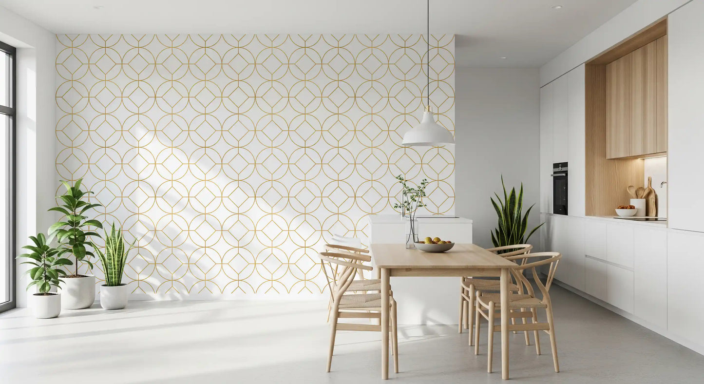 Gold and white lattice geometric wallpaper in a modern dining room., GD10646