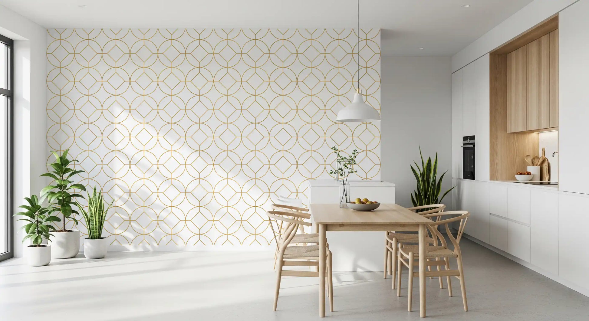 Gold and white lattice geometric wallpaper in a modern dining room., GD10646