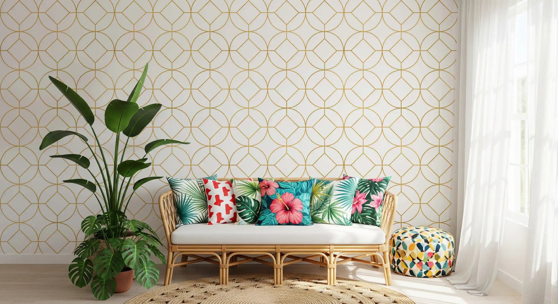 Geometric gold and white wallpaper with overlapping circles and shapes., GD10646