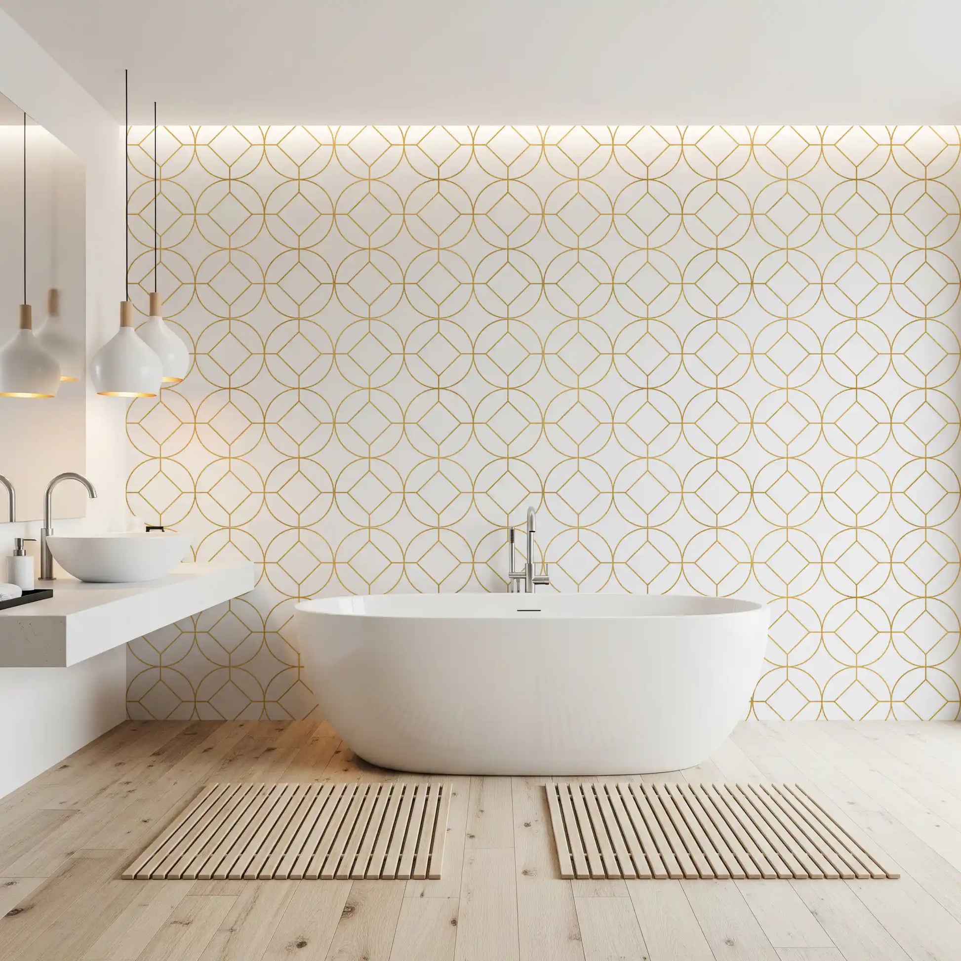 Metallic gold lattice wallpaper showing connected circles and diamonds in bathroom., GD10646
