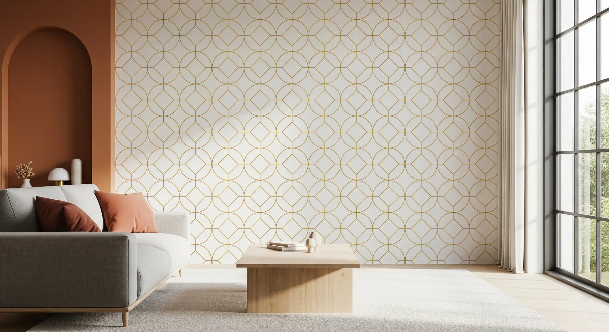 Metallic gold interlocking geometric lattice wallpaper on white background., GD10646
