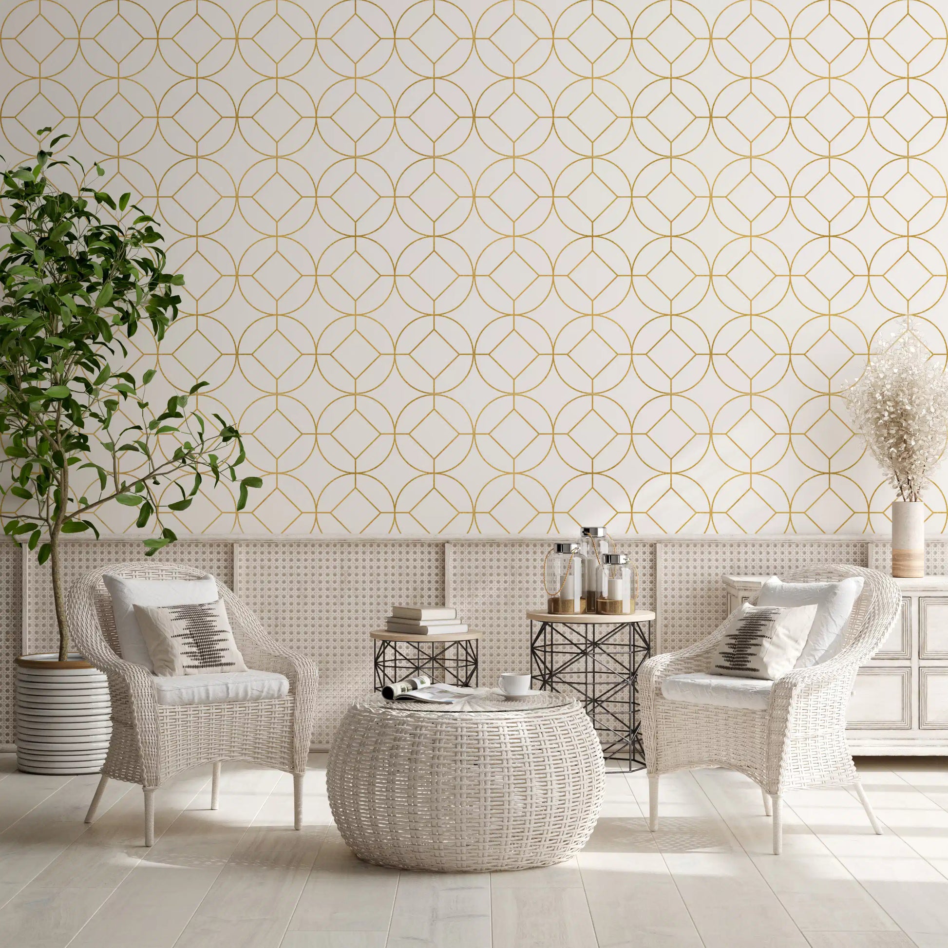 Wallpaper showing gold lattice pattern with circles on white ground., GD10646