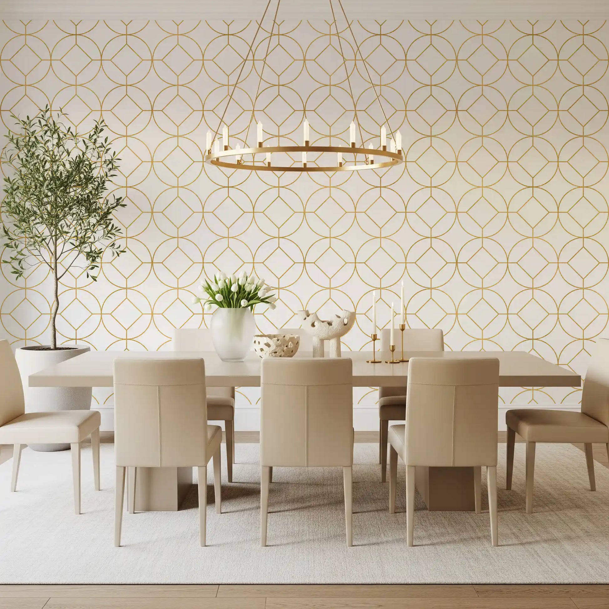Gold lattice wallpaper with symmetrical circle and diamond repeat pattern., GD10646
