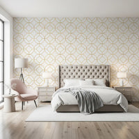 White wallpaper with gold geometric lattice of circles and diamond forms., GD10646