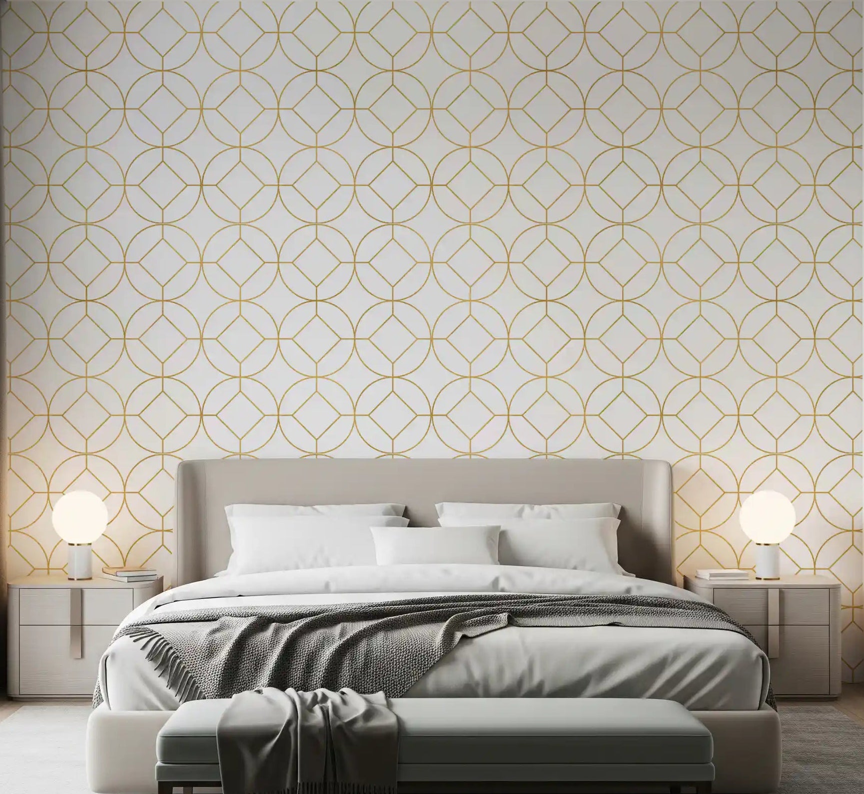Metallic gold circle lattice wallpaper displayed in a bright bedroom., GD10646