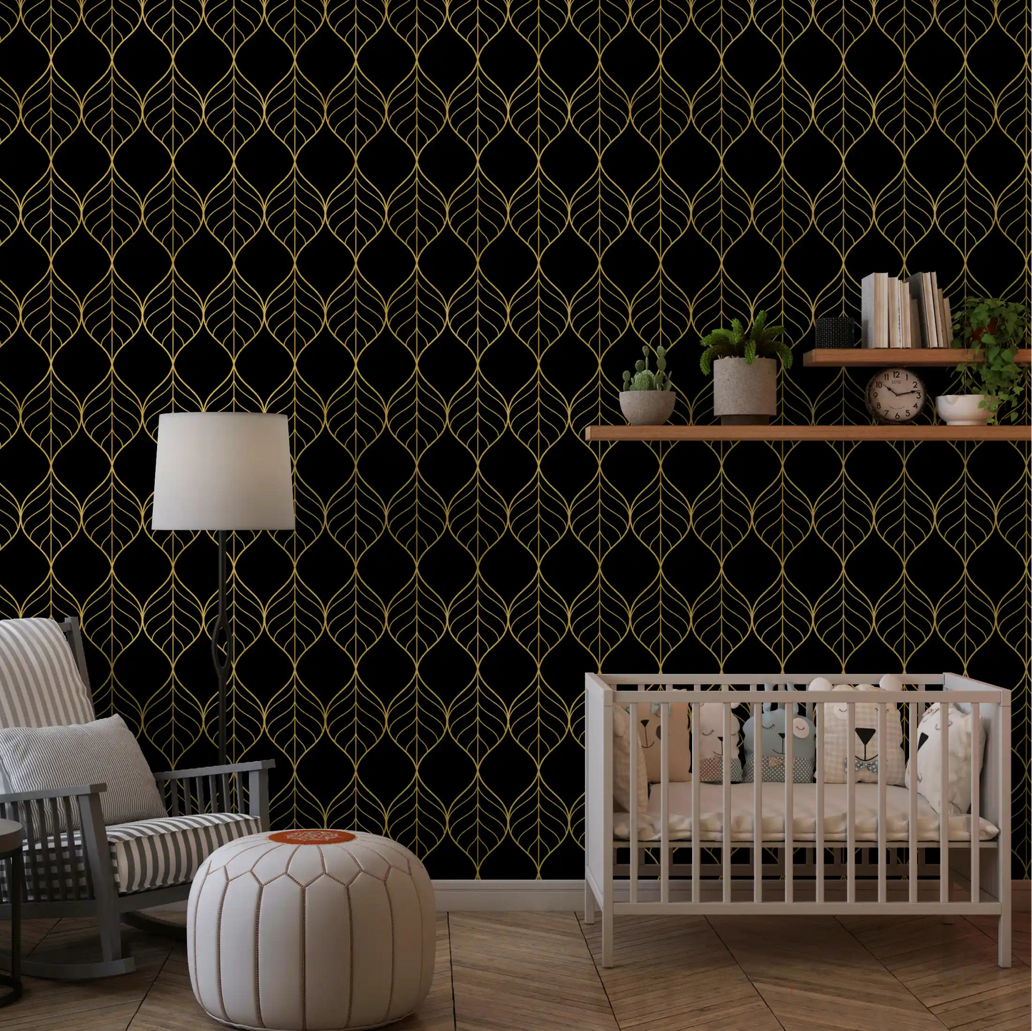 Metallic gold outlined leaf motifs arranged vertically on black wallpaper., GD10647