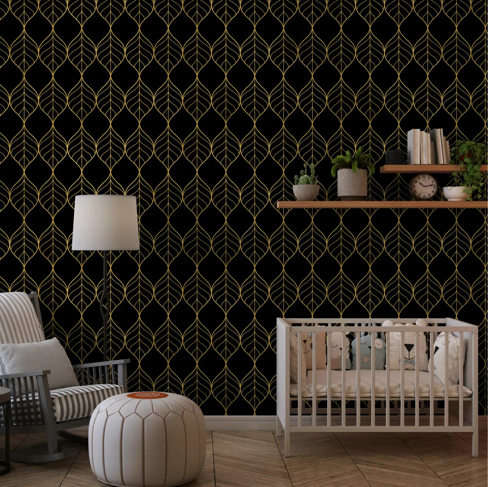 Metallic gold outlined leaf motifs arranged vertically on black wallpaper., GD10647