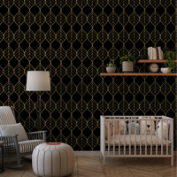 Metallic gold outlined leaf motifs arranged vertically on black wallpaper., GD10647