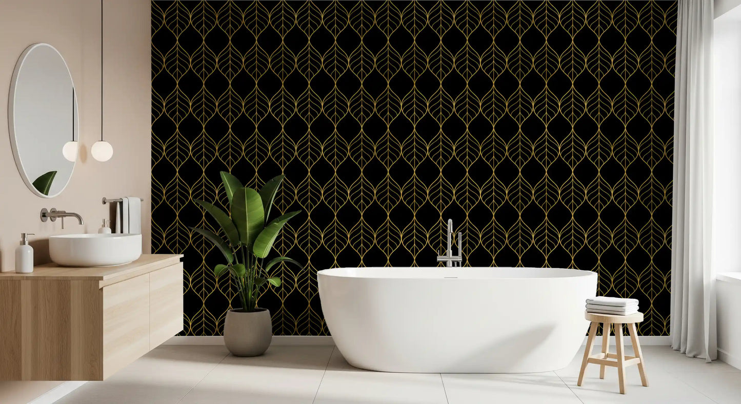 Metallic gold leaf pattern wallpaper displayed in a styled bathroom., GD10647