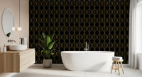 Metallic gold leaf pattern wallpaper displayed in a styled bathroom., GD10647