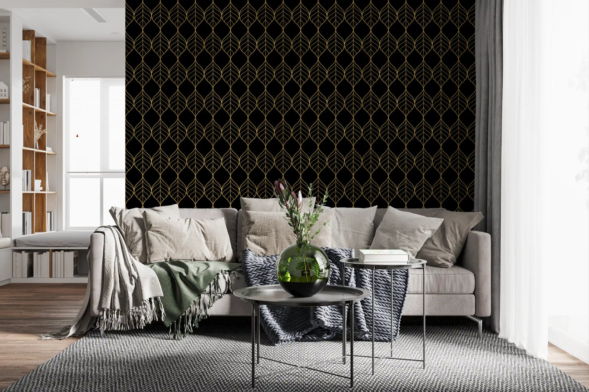 Interlocking gold ogee shapes wallpaper with central stems on a black ground., GD10647