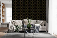 Interlocking gold ogee shapes wallpaper with central stems on a black ground., GD10647
