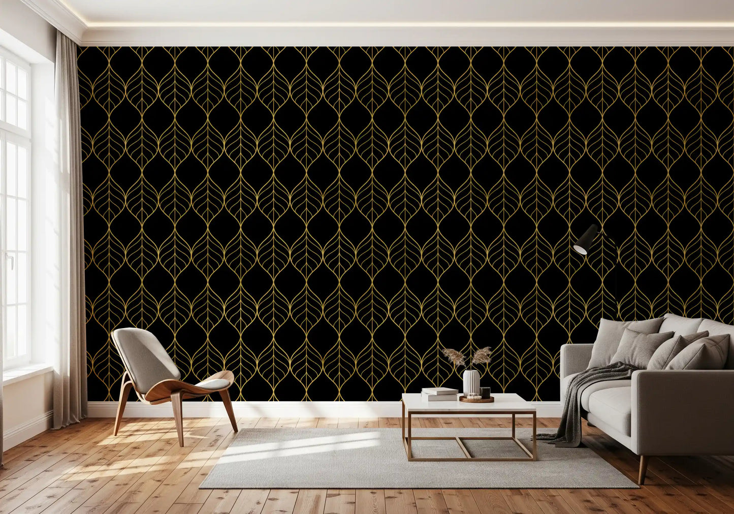 Vertical gold ogee leaf pattern wallpaper with double-line outlines on black., GD10647