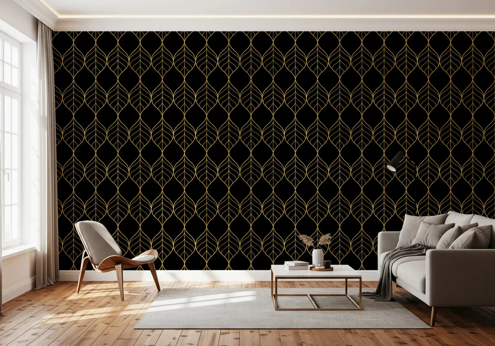 Vertical gold ogee leaf pattern wallpaper with double-line outlines on black., GD10647