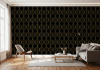 Vertical gold ogee leaf pattern wallpaper with double-line outlines on black., GD10647