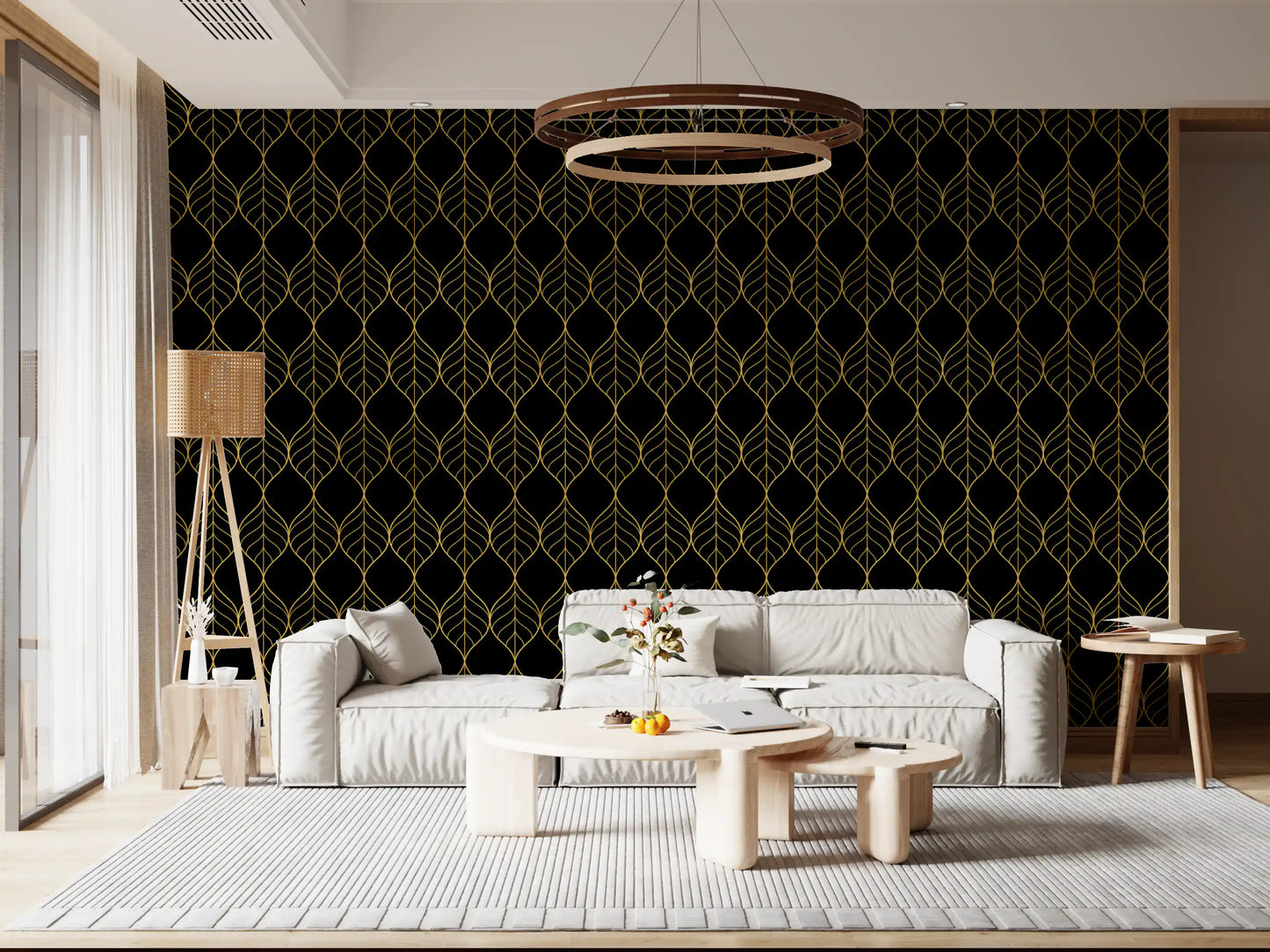 Gold leaf wallpaper showing pointed ogee forms in a vertical repeat pattern., GD10647