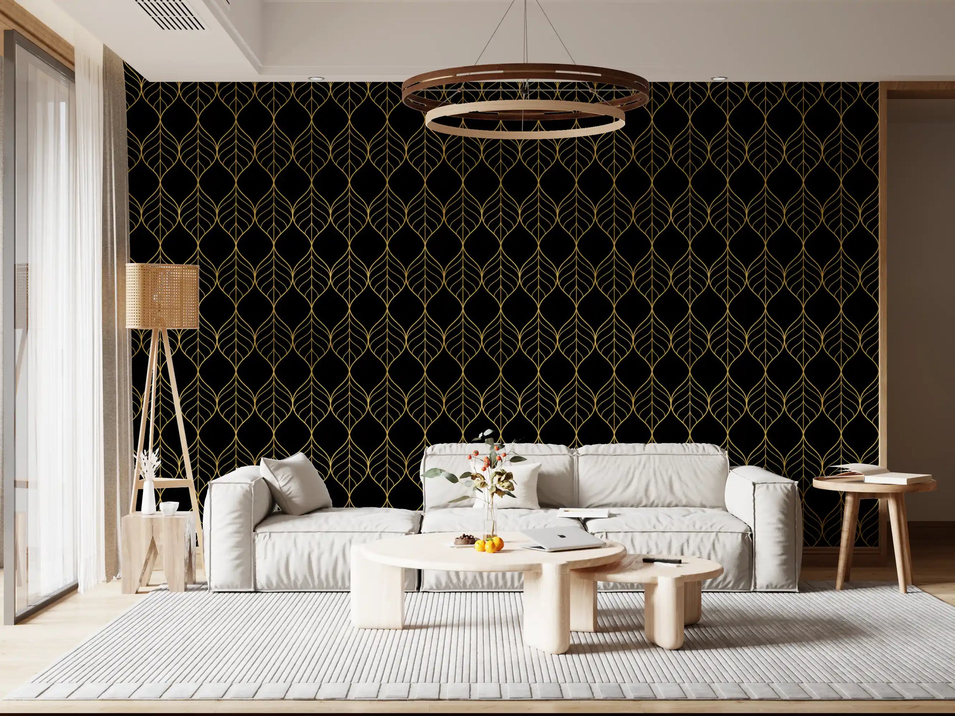 Gold leaf wallpaper showing pointed ogee forms in a vertical repeat pattern., GD10647