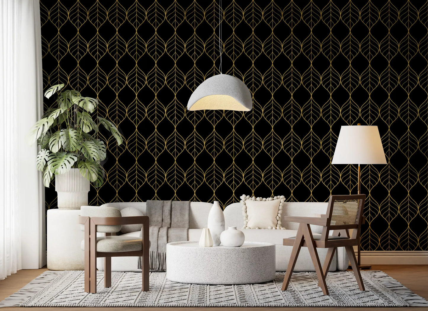 Repeating gold ogee leaf pattern wallpaper on a deep black background., GD10647