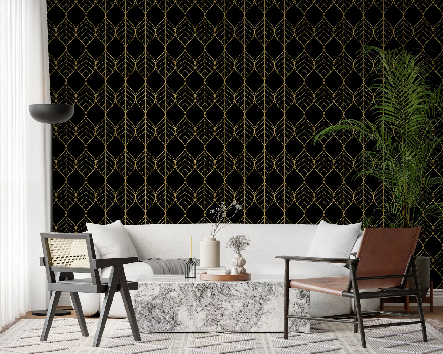 Black wallpaper with gold outlined leaf shapes forming a continuous grid., GD10647