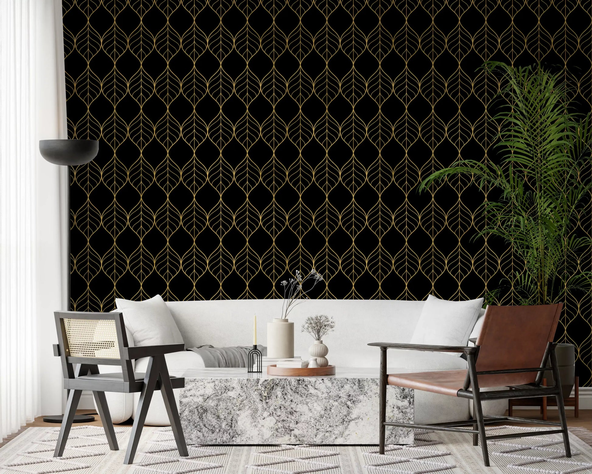 Black wallpaper with gold outlined leaf shapes forming a continuous grid., GD10647