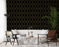 Black wallpaper with gold outlined leaf shapes forming a continuous grid., GD10647