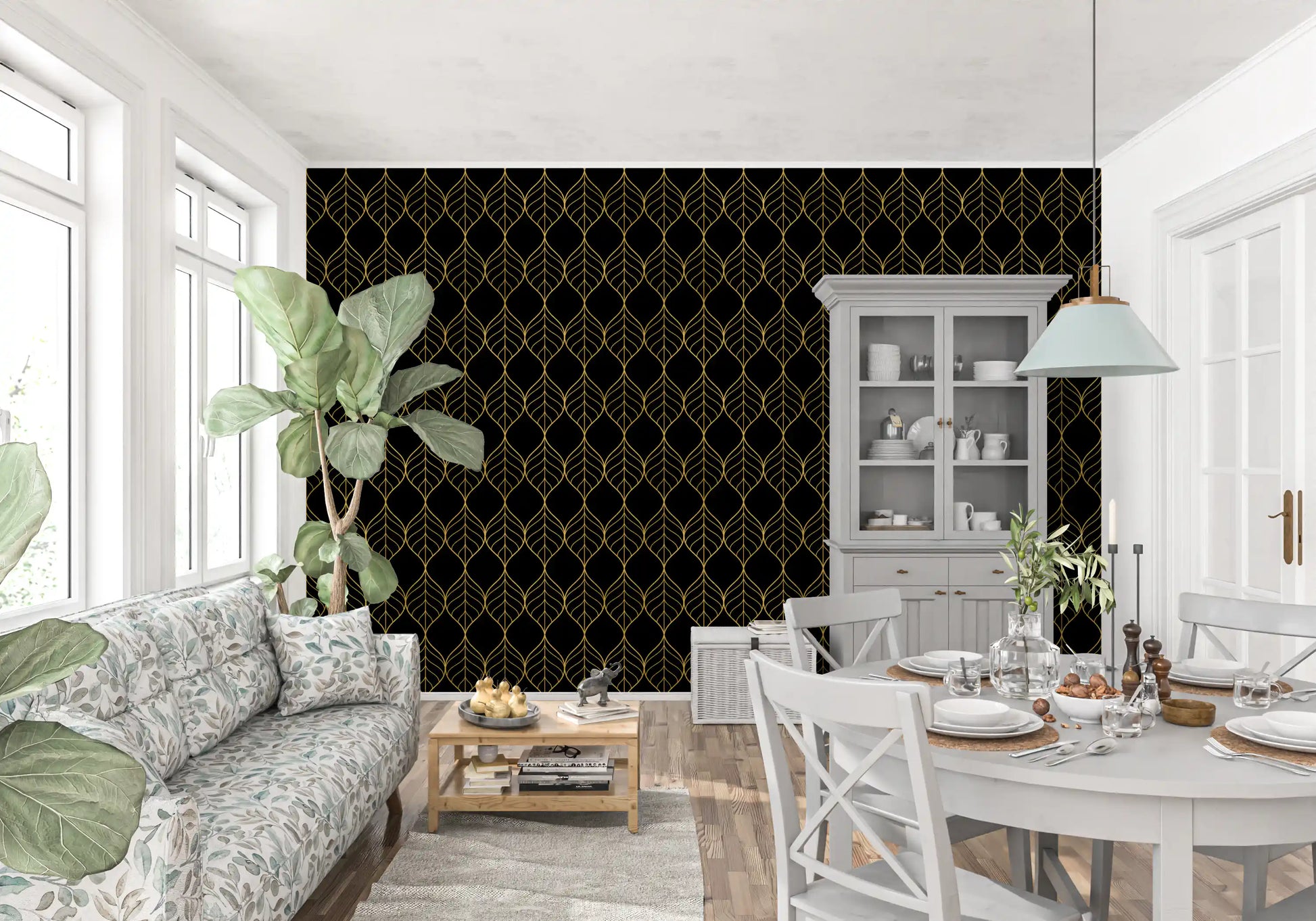 Metallic gold and black wallpaper with symmetrical leaf-shaped motifs., GD10647